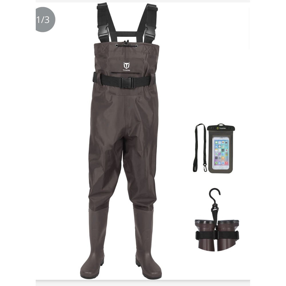 TIDEWE Bootfoot Chest Wader Mens 14 Brown Excellent 2-Ply Nylon PVC Waterproof